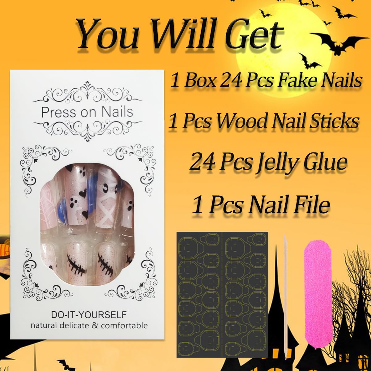 Halloween Cute Ghost Press on Nails Long Coffin Fake Nails Holiday Cute Spooky Heart Spider Web Design Full Cover Nude Pink Nails Acrylic Artificial French False Nails for DIY Manicure Decoration - Image 6