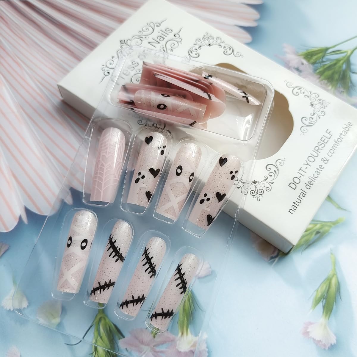 Halloween Cute Ghost Press on Nails Long Coffin Fake Nails Holiday Cute Spooky Heart Spider Web Design Full Cover Nude Pink Nails Acrylic Artificial French False Nails for DIY Manicure Decoration - Image 5