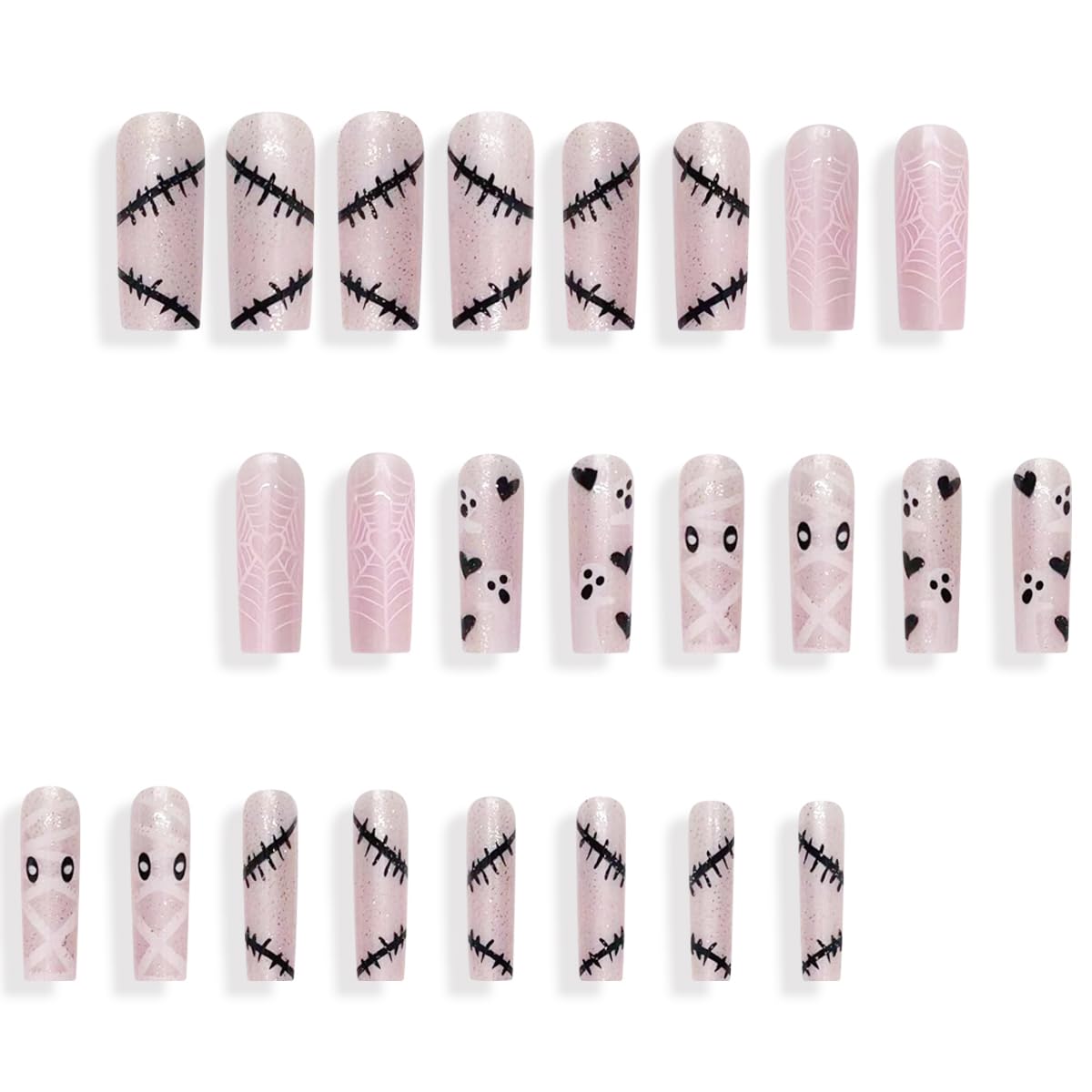 Halloween Cute Ghost Press on Nails Long Coffin Fake Nails Holiday Cute Spooky Heart Spider Web Design Full Cover Nude Pink Nails Acrylic Artificial French False Nails for DIY Manicure Decoration - Image 4