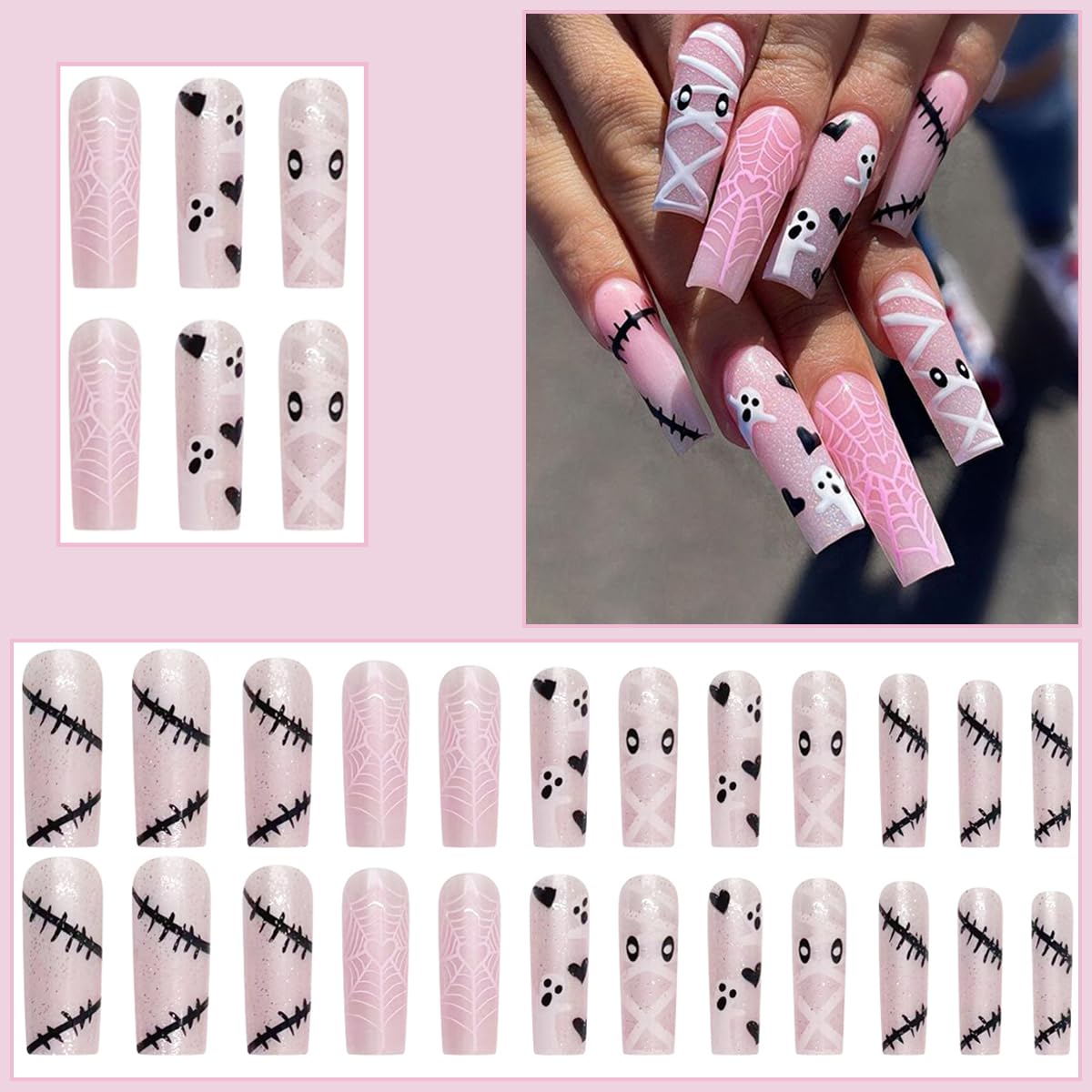 Halloween Cute Ghost Press on Nails Long Coffin Fake Nails Holiday Cute Spooky Heart Spider Web Design Full Cover Nude Pink Nails Acrylic Artificial French False Nails for DIY Manicure Decoration - Image 2
