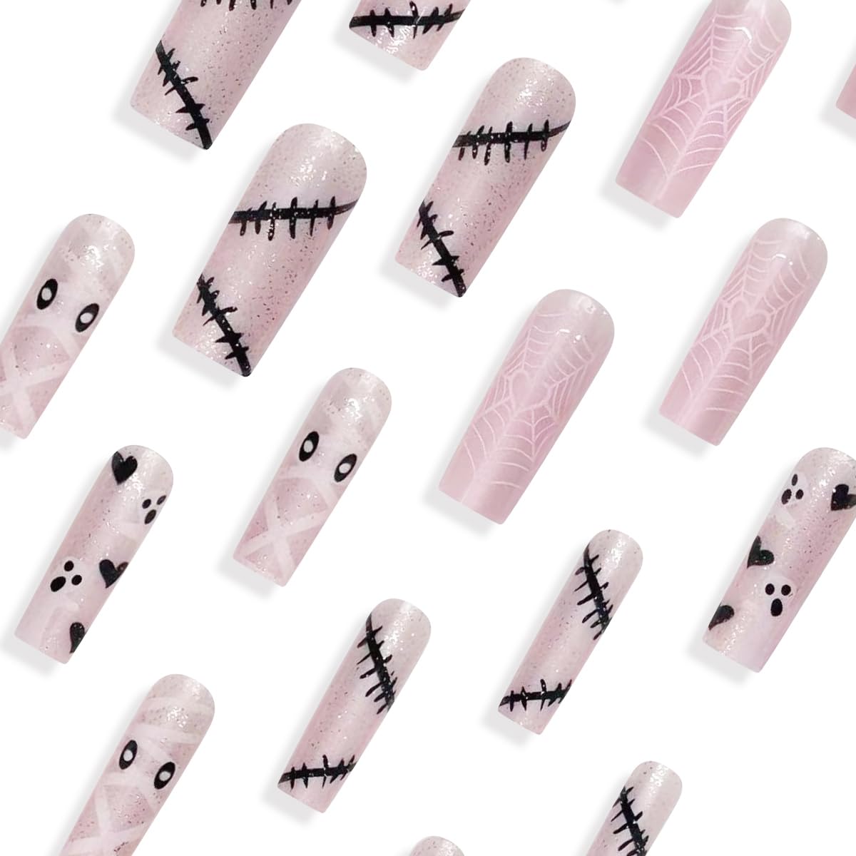 Halloween Cute Ghost Press on Nails Long Coffin Fake Nails Holiday Cute Spooky Heart Spider Web Design Full Cover Nude Pink Nails Acrylic Artificial French False Nails for DIY Manicure Decoration - Image 3