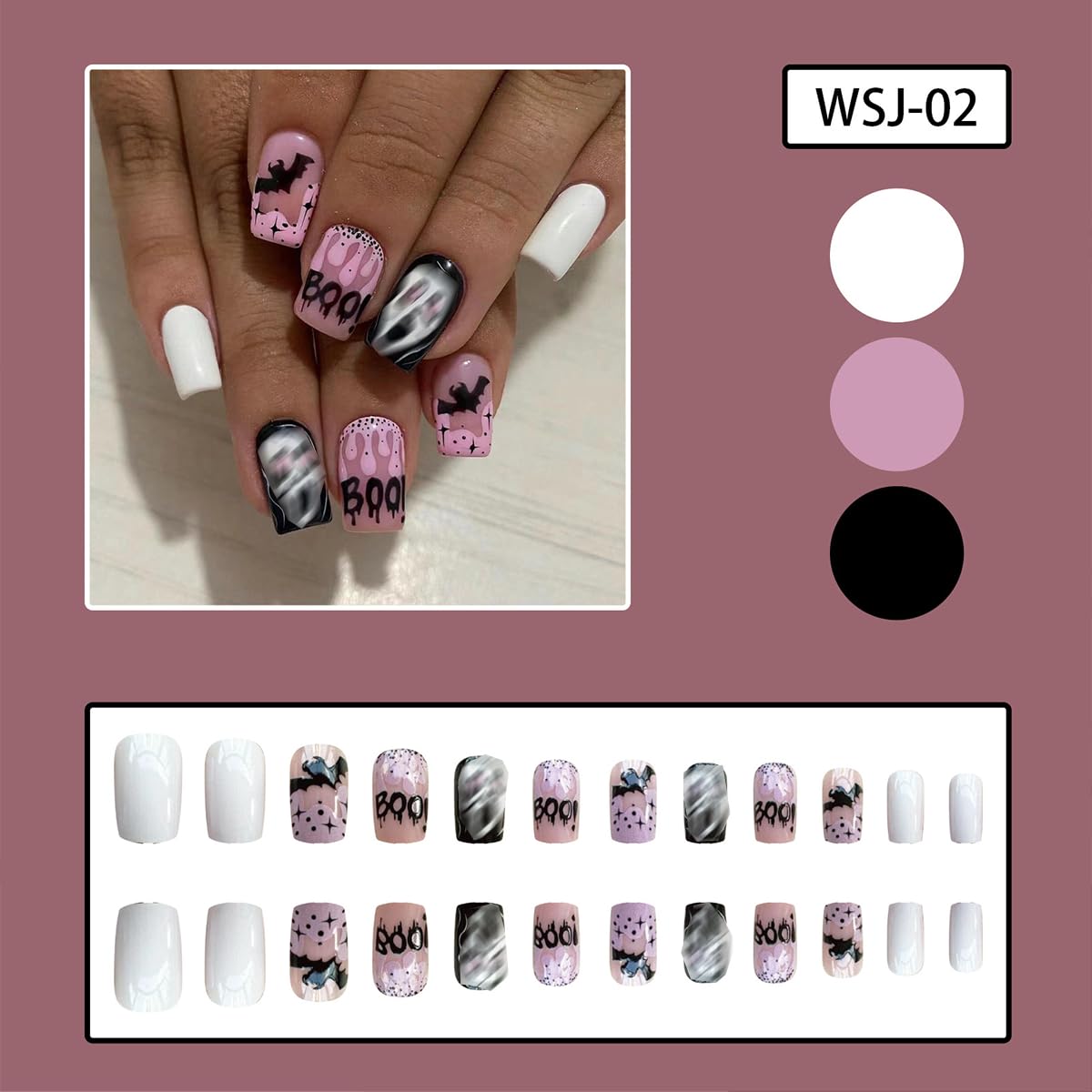 Halloween Fake Nails Medium Square Glue on with Horror Ghost Face Designs - Acrylic Blood Bat Skull Pink Stick on Nails False Nail Tips Full Cover 24 Pcs - Image 5