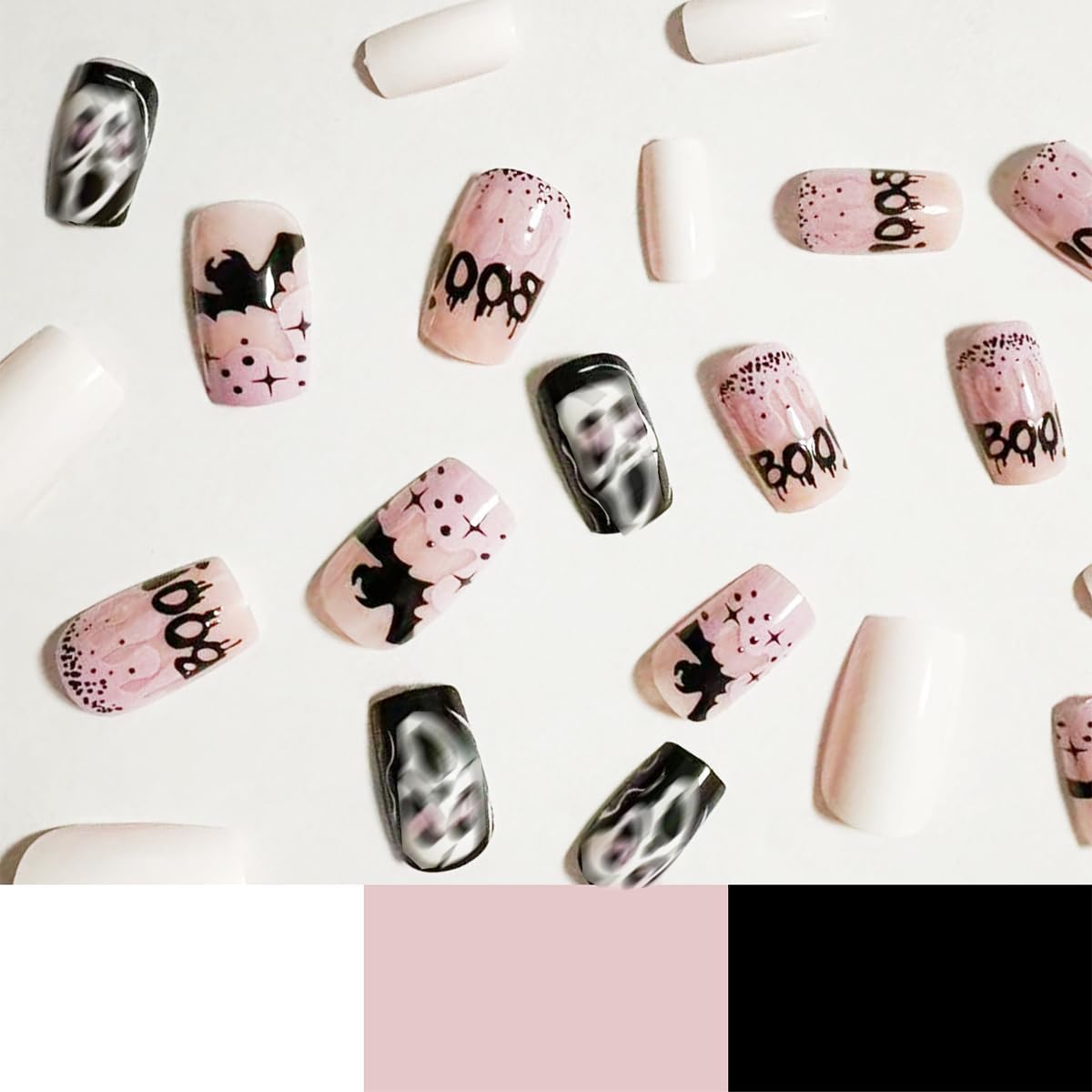 Halloween Fake Nails Medium Square Glue on with Horror Ghost Face Designs - Acrylic Blood Bat Skull Pink Stick on Nails False Nail Tips Full Cover 24 Pcs - Image 3