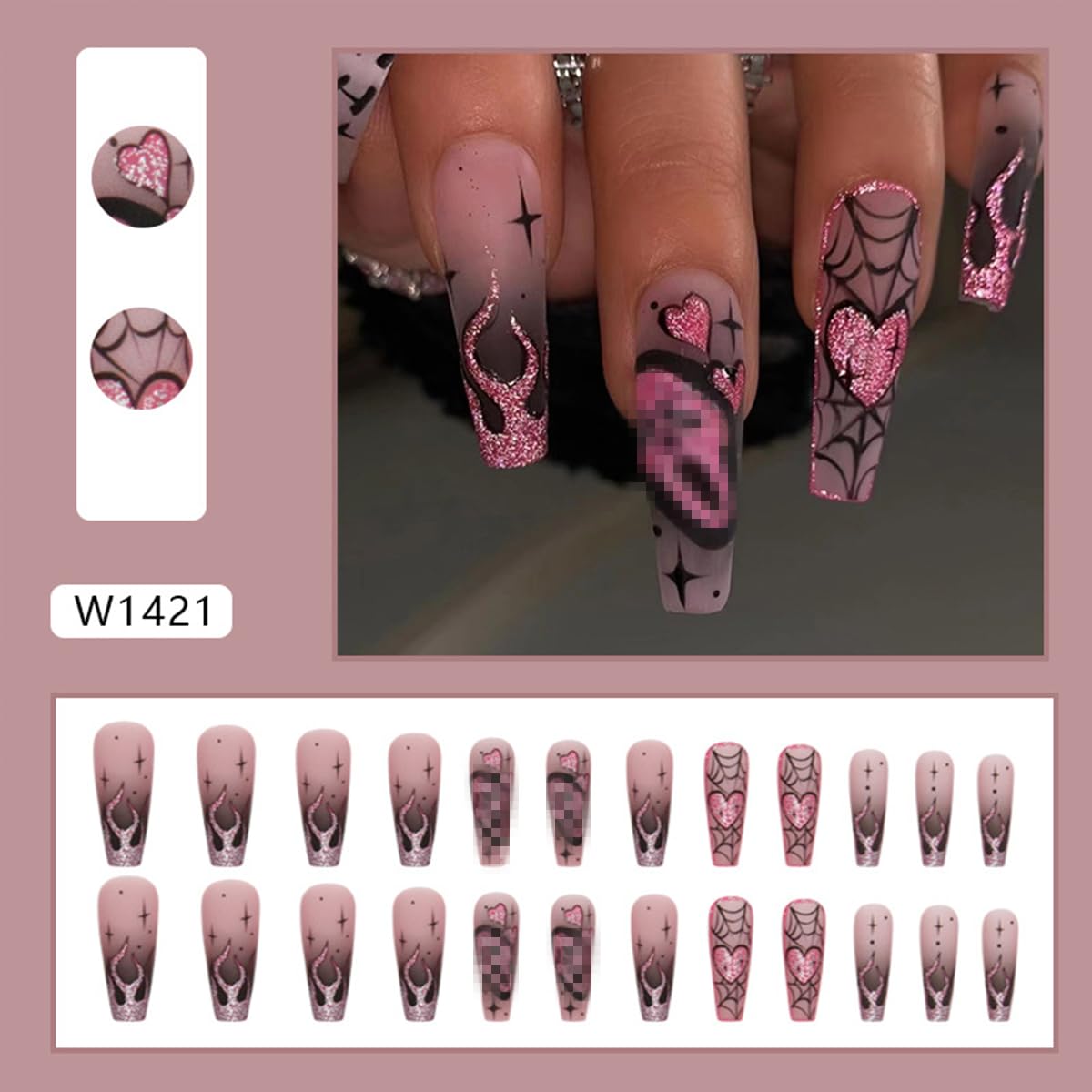 Halloween Press on Nails Long Coffin Fake Nails with Designs Cute Ghost False Nails Heart Flame Spider Skull Glue on Nails Full Cover Suqare Artificial Acrylic Stick on Nails for Women Girls 24 Pcs - Image 5