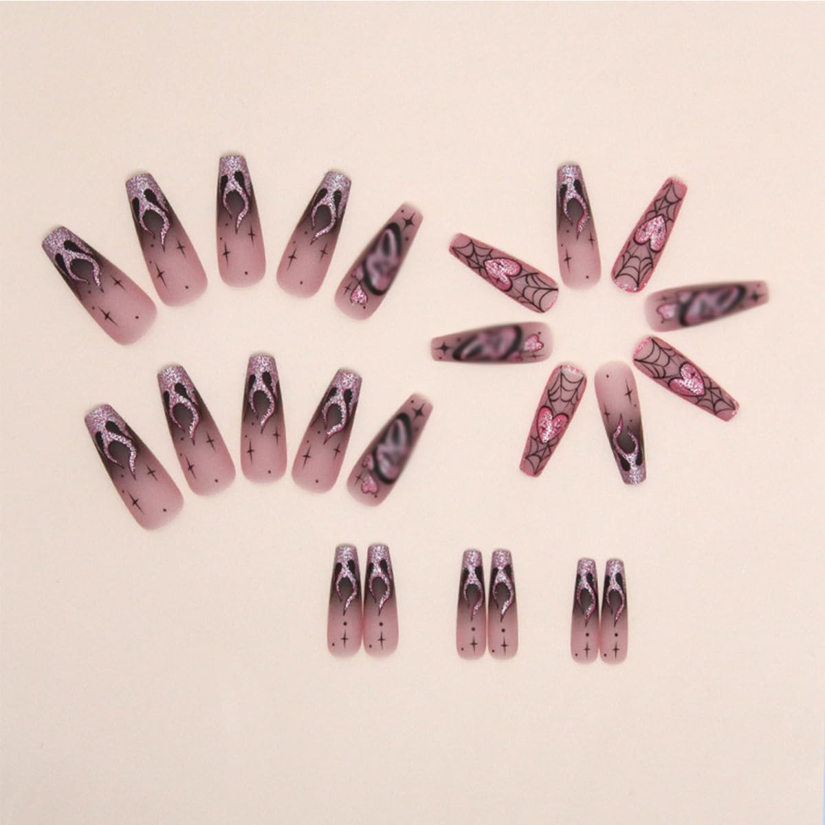 Halloween Press on Nails Long Coffin Fake Nails with Designs Cute Ghost False Nails Heart Flame Spider Skull Glue on Nails Full Cover Suqare Artificial Acrylic Stick on Nails for Women Girls 24 Pcs - Image 2