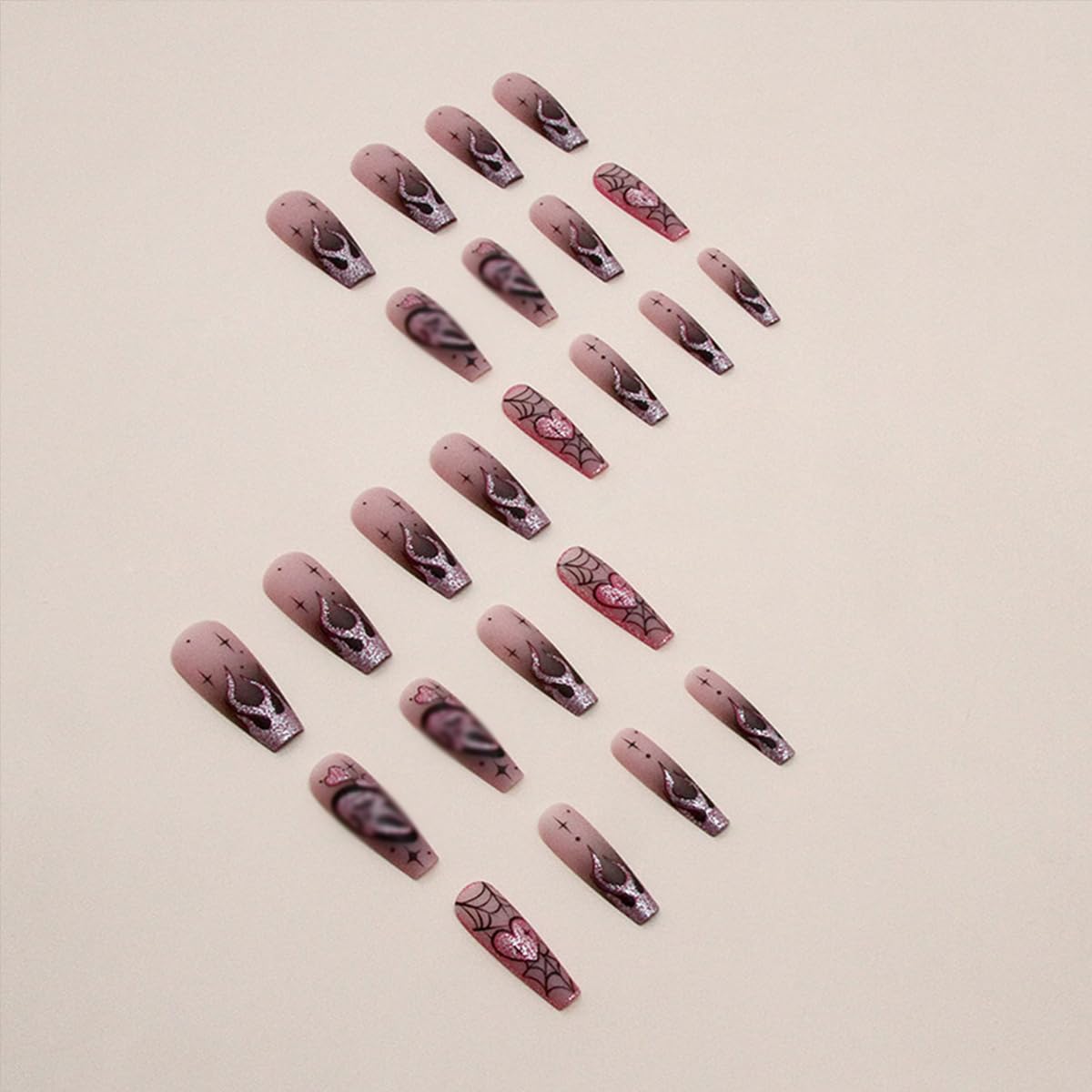 Halloween Press on Nails Long Coffin Fake Nails with Designs Cute Ghost False Nails Heart Flame Spider Skull Glue on Nails Full Cover Suqare Artificial Acrylic Stick on Nails for Women Girls 24 Pcs - Image 3