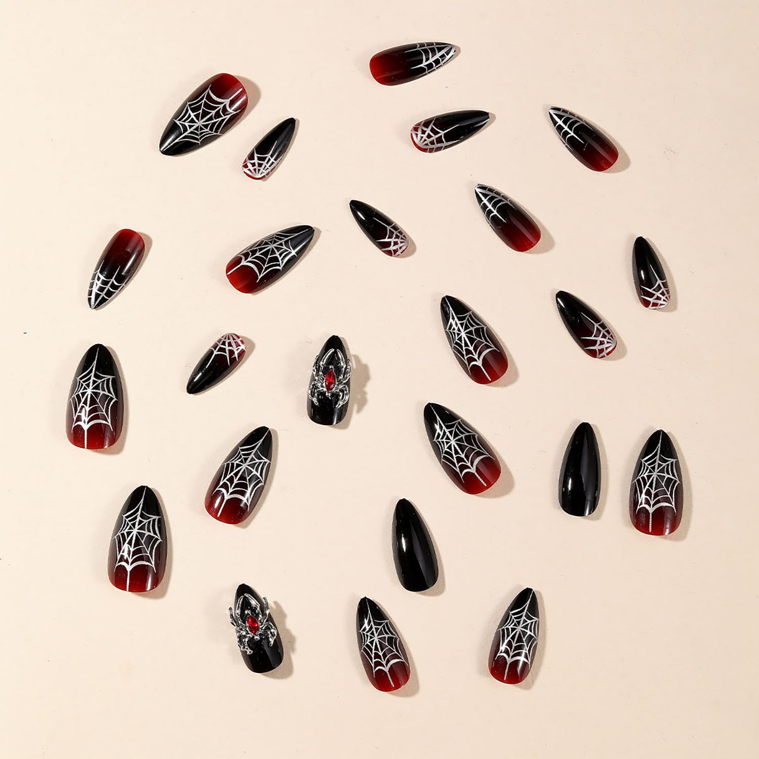 Halloween Press on Nails Medium Almond MABKJLF Spider Charms Fake Nails Red Gradient False Nails with Spider Web Designs Black Matte Acrylic Nails Glossy Glue on Nails for Women Girls 24 Pcs - Image 4