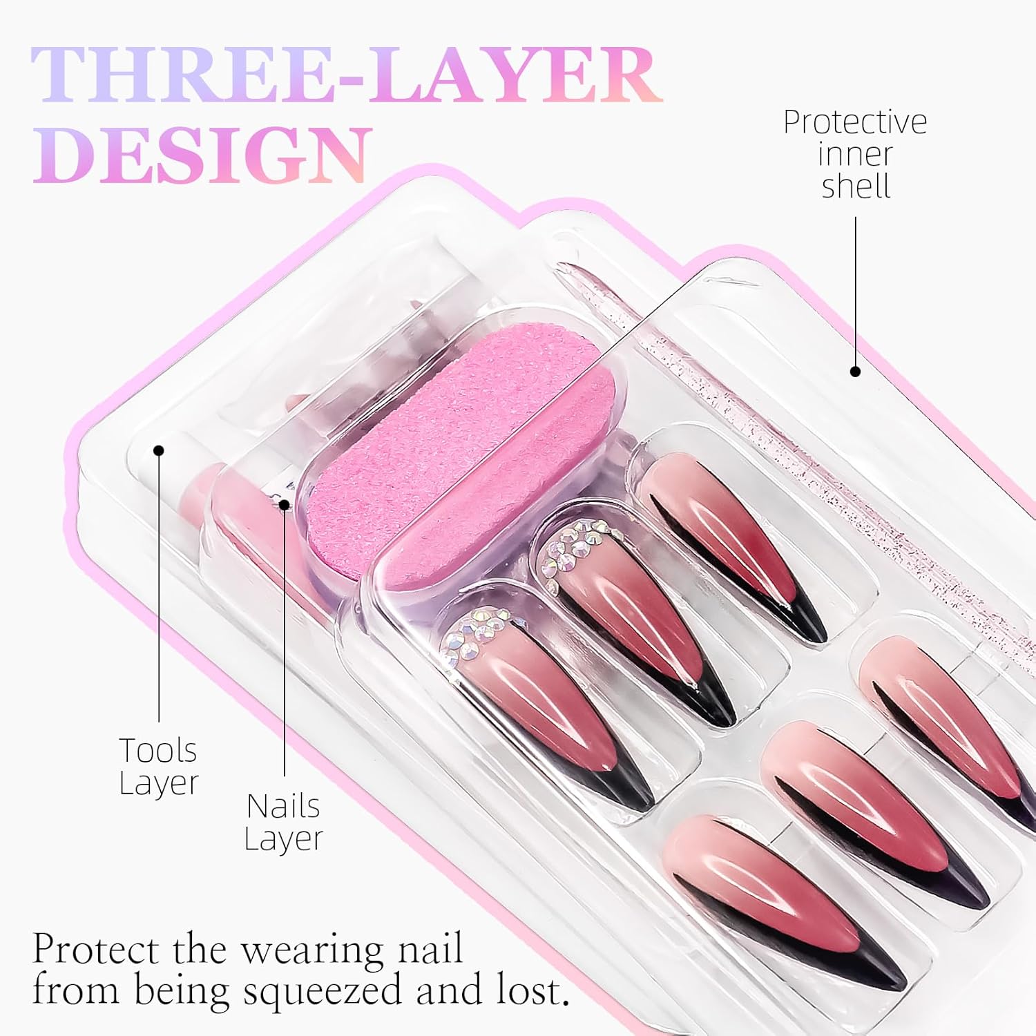 Halloween Press on Nails Medium Coffin Fake Nails 3D Rose Matte Black False Nails with Skull Rhinestone Design Scary Artificial Nails for Women - Image 4