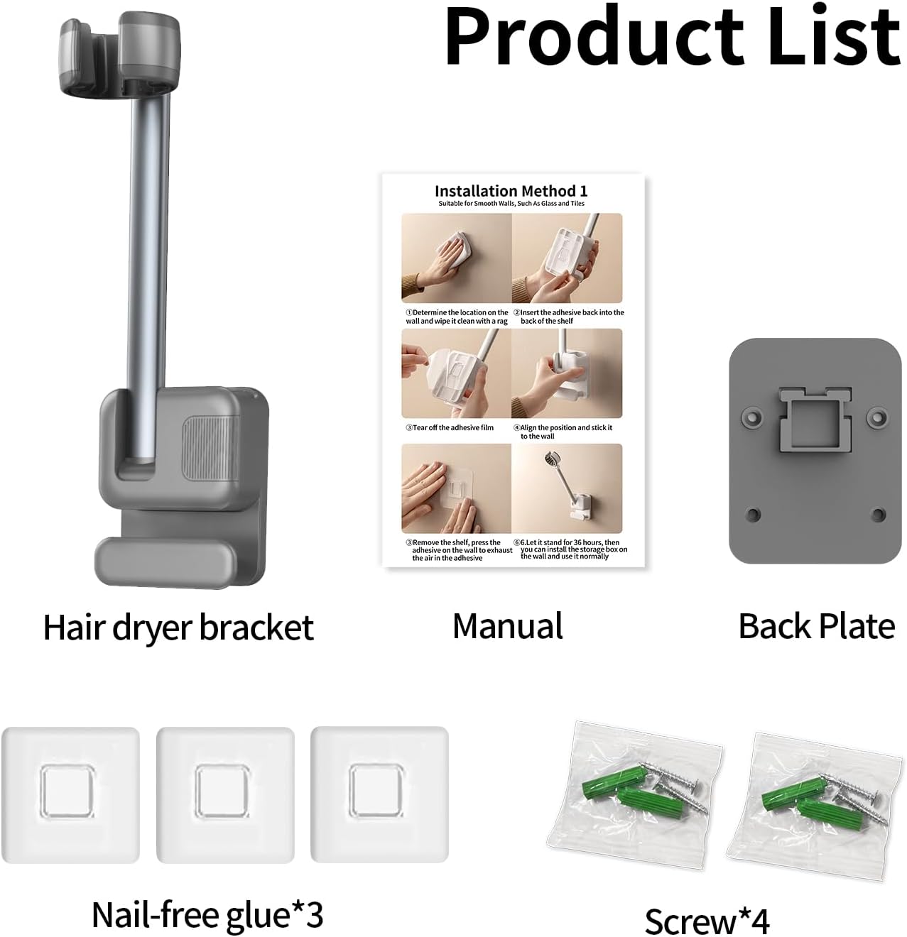 Hands Free Hair Dryer Holder Wall Mount, Adjustable Bathroom Blower Dryer Holder Wall Mounted Hook Rack, Vanity Cabinet Door Hanger Storage, Suitable for Most Walls, Hair Dryers, with Cord Organizer - Image 7