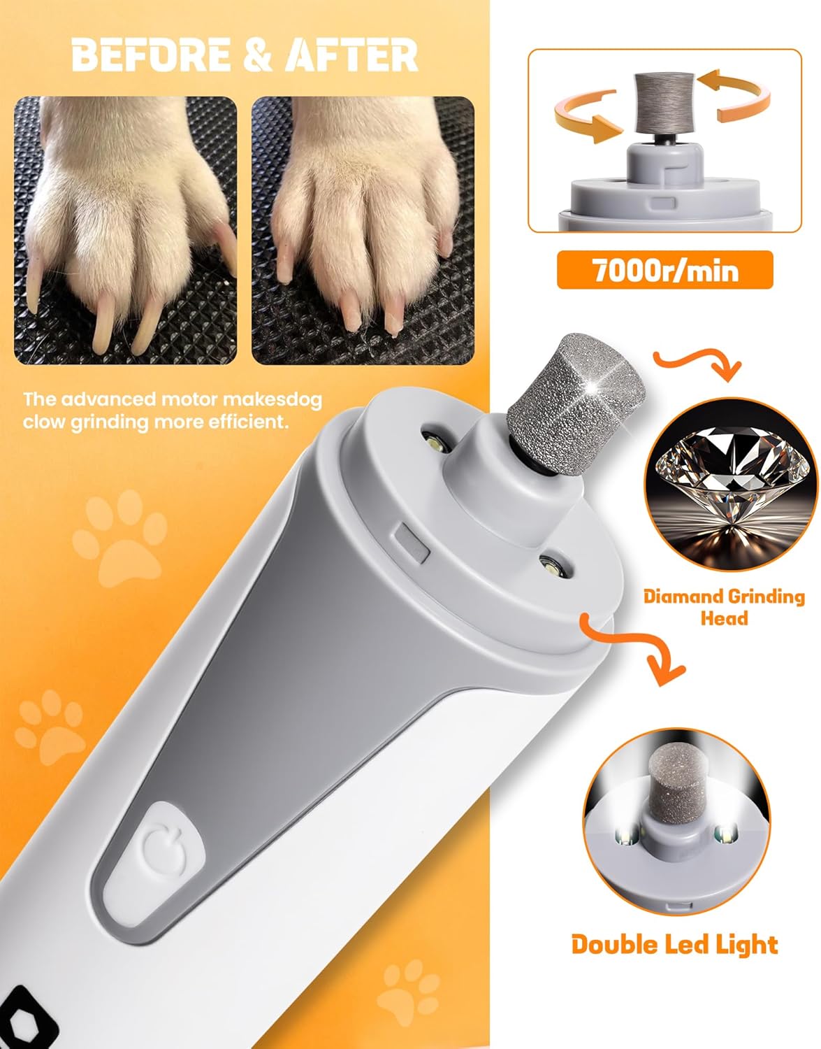 HARDELL 2-Speed Dog Nail Grinder for Small Pets, Quiet Operation, 2 LED Lights, 3 Grinding Ports - Image 4