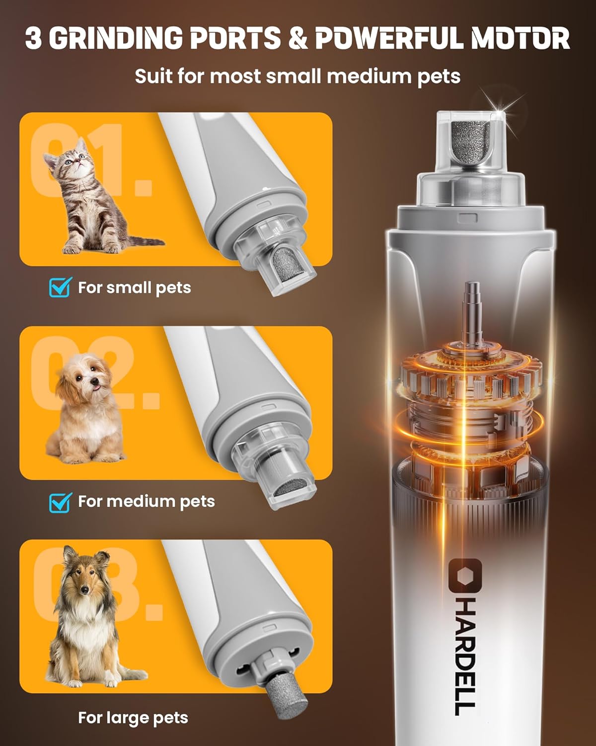 HARDELL 2-Speed Dog Nail Grinder for Small Pets, Quiet Operation, 2 LED Lights, 3 Grinding Ports - Image 3