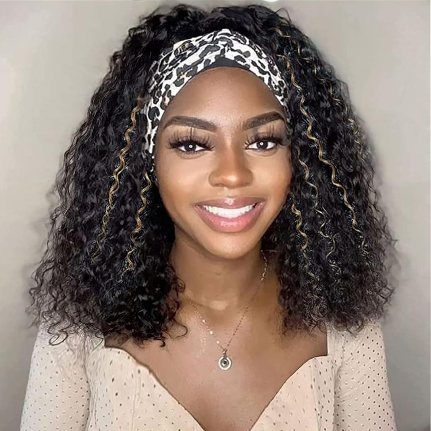 Headband Wig Curly 1B/27 Deep Wave 12 Inches Human Hair,Headband wigs for women Glueless None Lace Front Wigs Machine Made 150% Density headband wig human hair with Headbands(12 Inches)