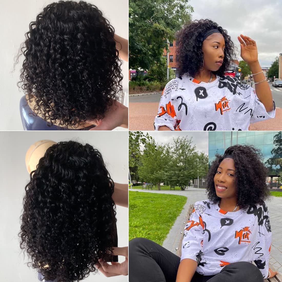 Headband Wig Human Hair Deep Wave 150% Density None Lace Front Wig Human Hair Machine Made Wigs 14 inches Headband Curly Human Hair Wigs for Women Natural Color Half wigs - Image 3