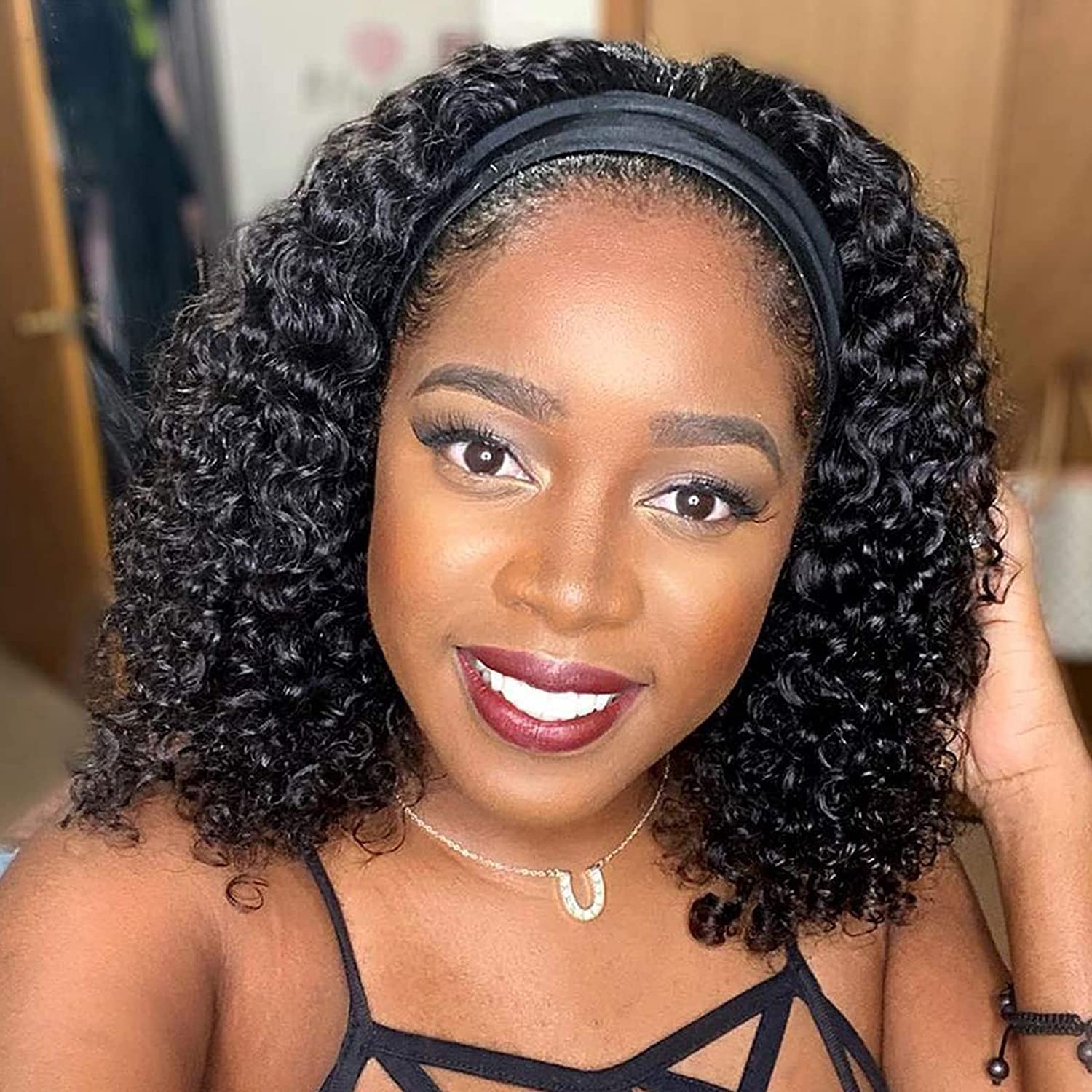 Headband Wig Human Hair Deep Wave 150% Density None Lace Front Wig Human Hair Machine Made Wigs 14 inches Headband Curly Human Hair Wigs for Women Natural Color Half wigs - Image 2