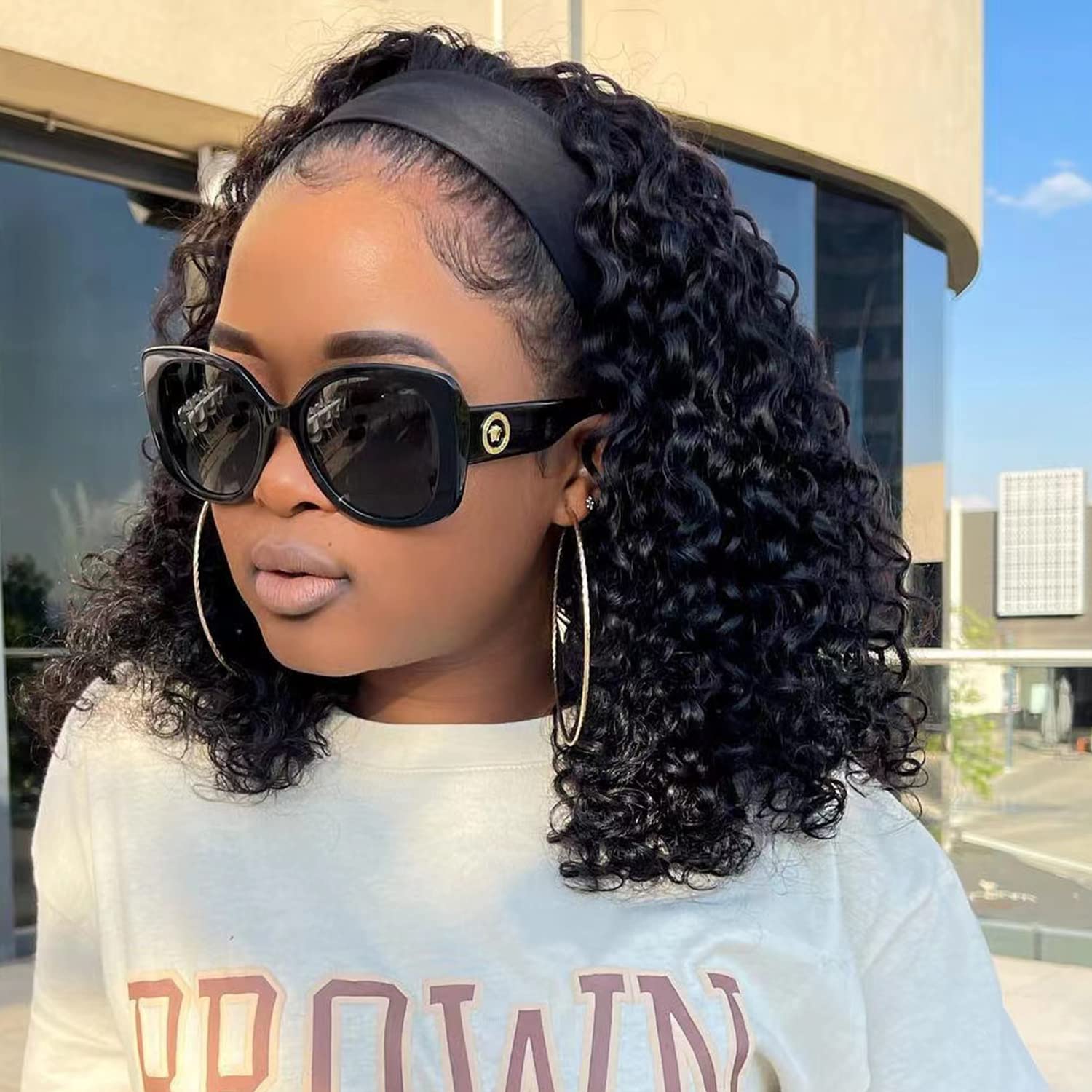 Headband Wig Human Hair Deep Wave 150% Density None Lace Front Wig Human Hair Machine Made Wigs 14 inches Headband Curly Human Hair Wigs for Women Natural Color Half wigs