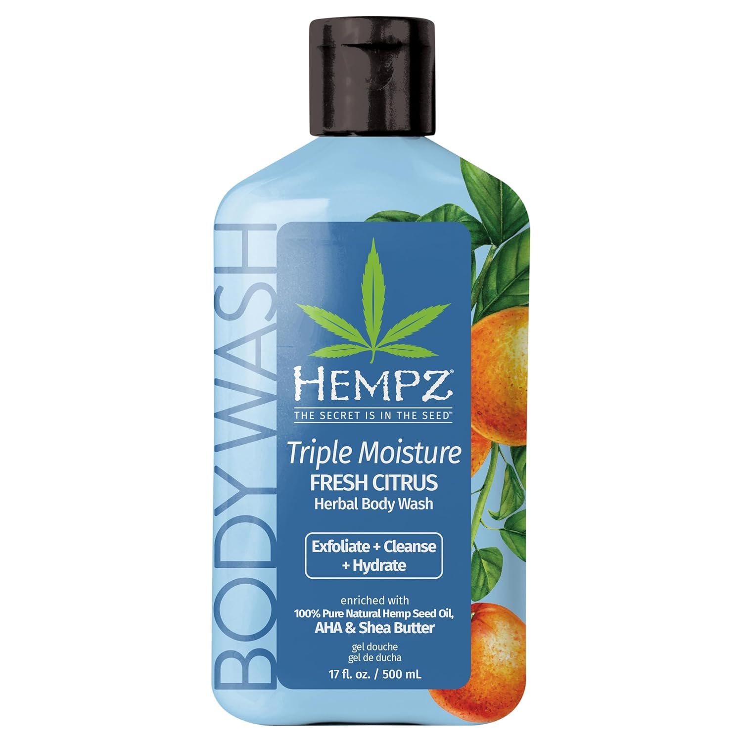 Hempz Triple Moisture Body Wash - Grapefruit & Peach - Hydrating for Sensitive Skin, Scented, Exfoliating with Shea Butter, Pure Hemp Seed Oil, and Algae for Sensitive Skin - 17 fl oz