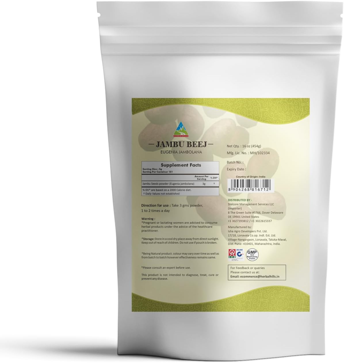 HERBAL HILLS Jambu/Jamun Powder Eugenia Jambolana | 16oz (454 GMS) | Herbal Supplements - Image 2