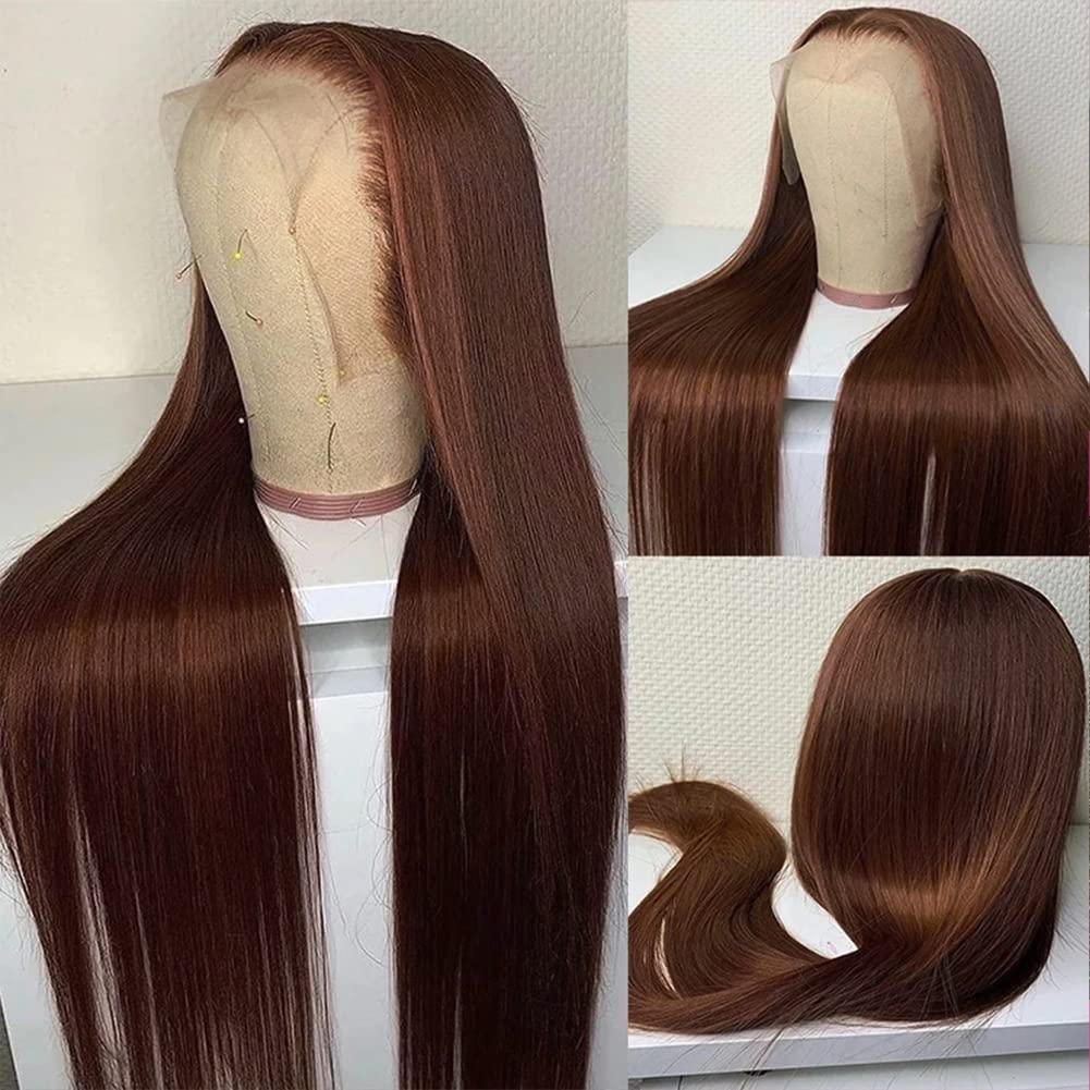 Hermosa 13x4 Chocolate Brown Lace Front Wigs Human Hair with Baby Hair 180 Density Straight Lace Frontal Human Hair Wigs Pre Plucked Hairline 4# Brown Wig 26 Inch - Image 2