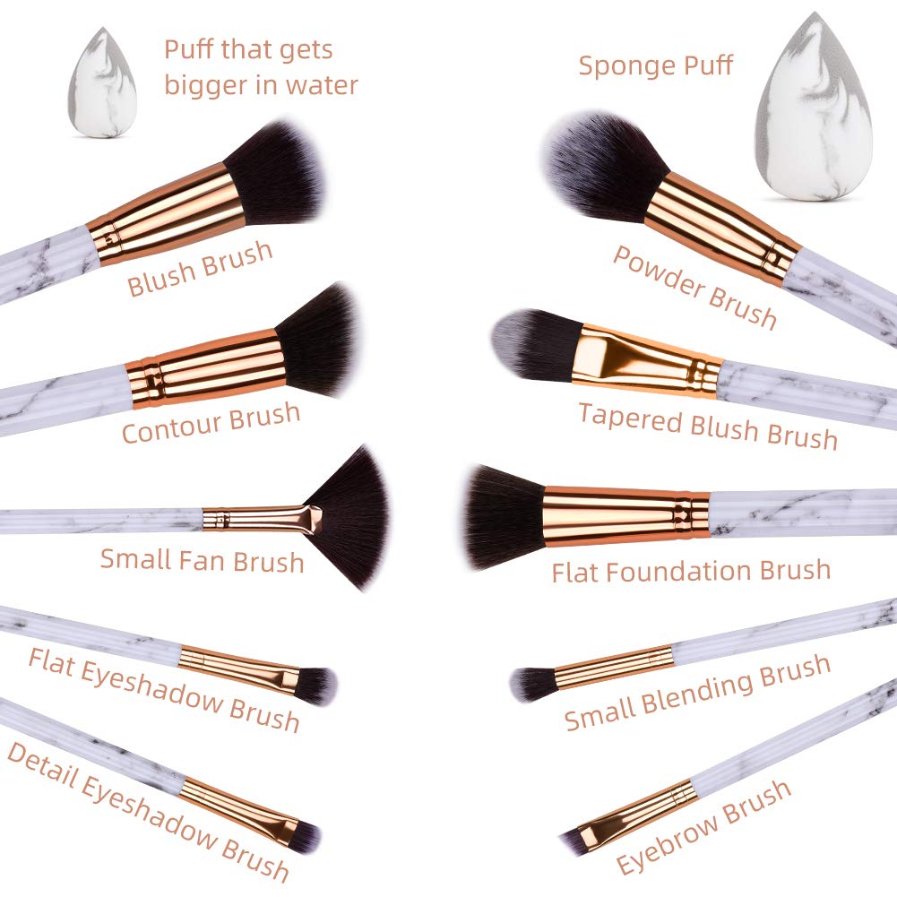 HEYMKGO Makeup Brushes Professional Marble Makeup Brush Set, Soft and Odor-free Natural Synthetic Bristles,10PCS + 2 Sponge Puff + Marble Pattern Cosmetics Bag - Image 2