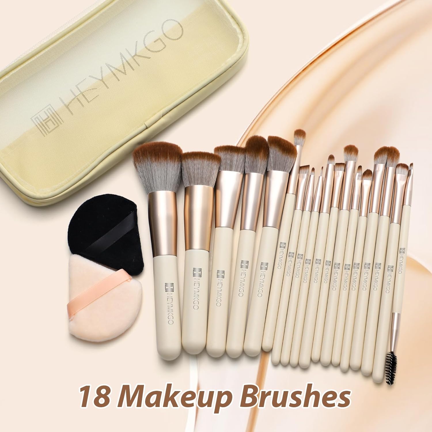 HEYMKGO Makeup Brushes Set, 18pcs Professional Makeup Brushes with 2 Powder Puff & Travel Bag, Premium Synthetic Foundation Powder Blush Blending Face Brush Kit, Eyeshadow Set Makeup Brushes & Tools - Image 6