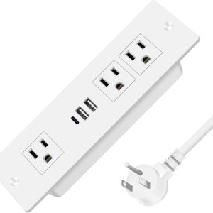 HEZI Recessed Power Strip, Furniture Drawer Outlet with 20W PD USB-C & 18W QC3.0 USB-A, Plug in 3 Outlets & USB Ports, Flush Mount 6FT White Extension Cord Conference Desk Outlets