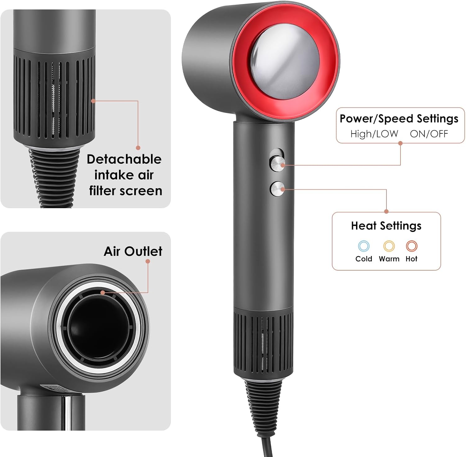 High-Speed Hair Dryer 110000 RPM Brushless Motor 200 Million Negative Ionic Blow Dryer for Fast Drying, Low Noise Thermo-Control Hair Dryer with Magnetic Nozzle (Grey) - Image 2