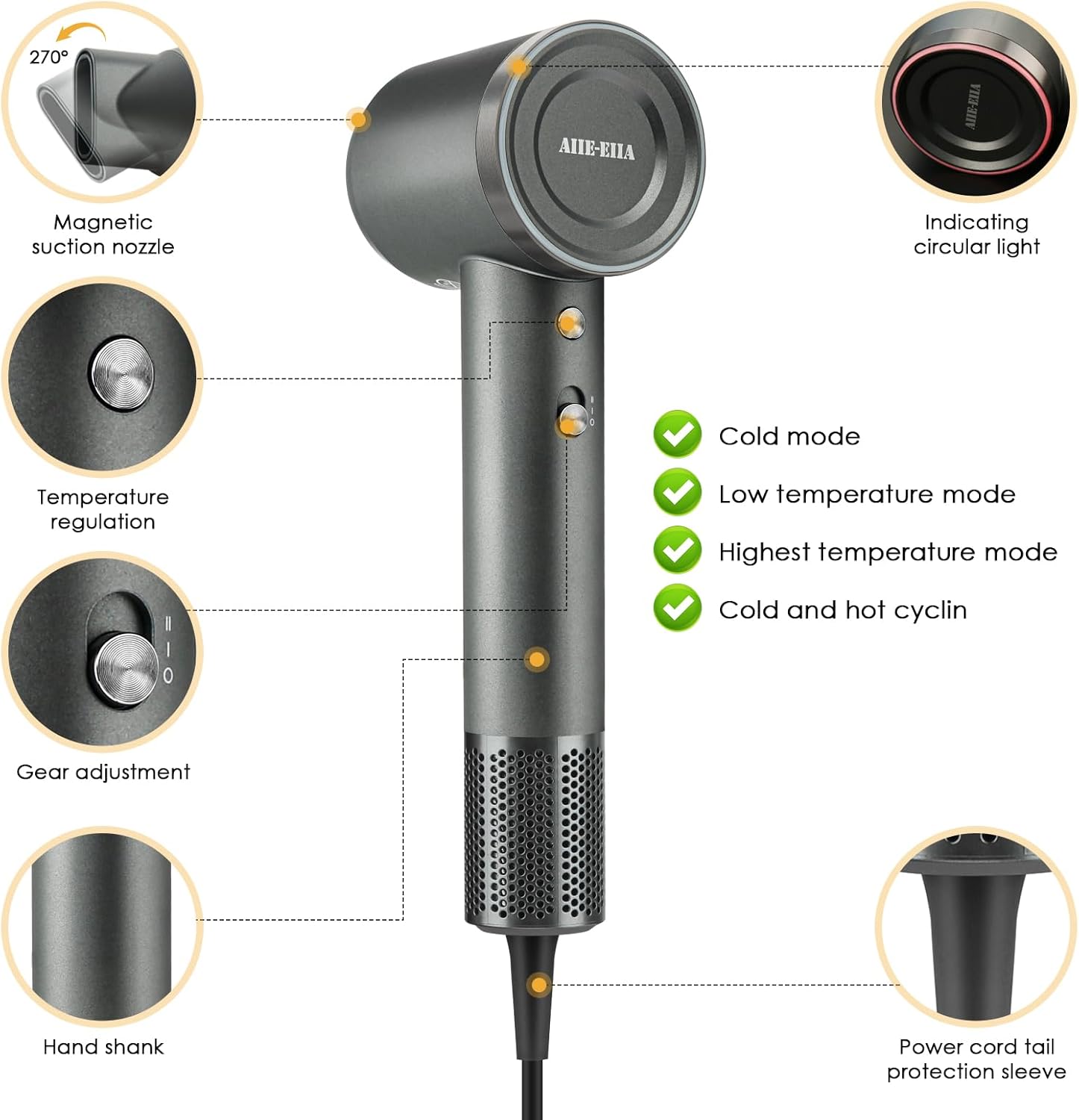 High-Speed Hair Dryer, Negative Ionic Hair Dryer, 110000 RPM Professional High-Speed Blow Dryer 200 Millions, Fast Drying Lightweight Travel Hairdryer, Low Noise Home Hair Dryer(Gray) - Image 2