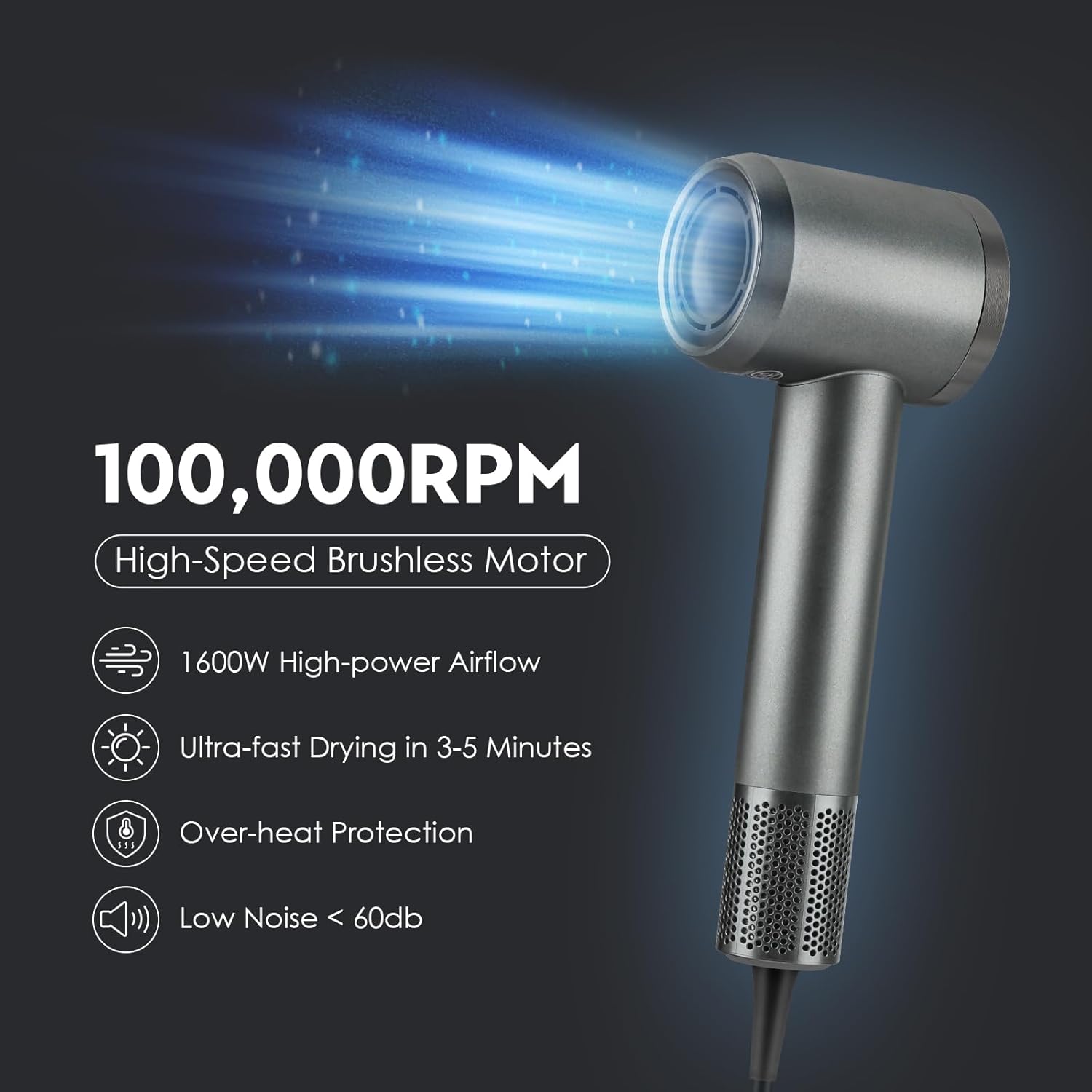 High-Speed Hair Dryer, Negative Ionic Hair Dryer, 110000 RPM Professional High-Speed Blow Dryer 200 Millions, Fast Drying Lightweight Travel Hairdryer, Low Noise Home Hair Dryer(Gray) - Image 4