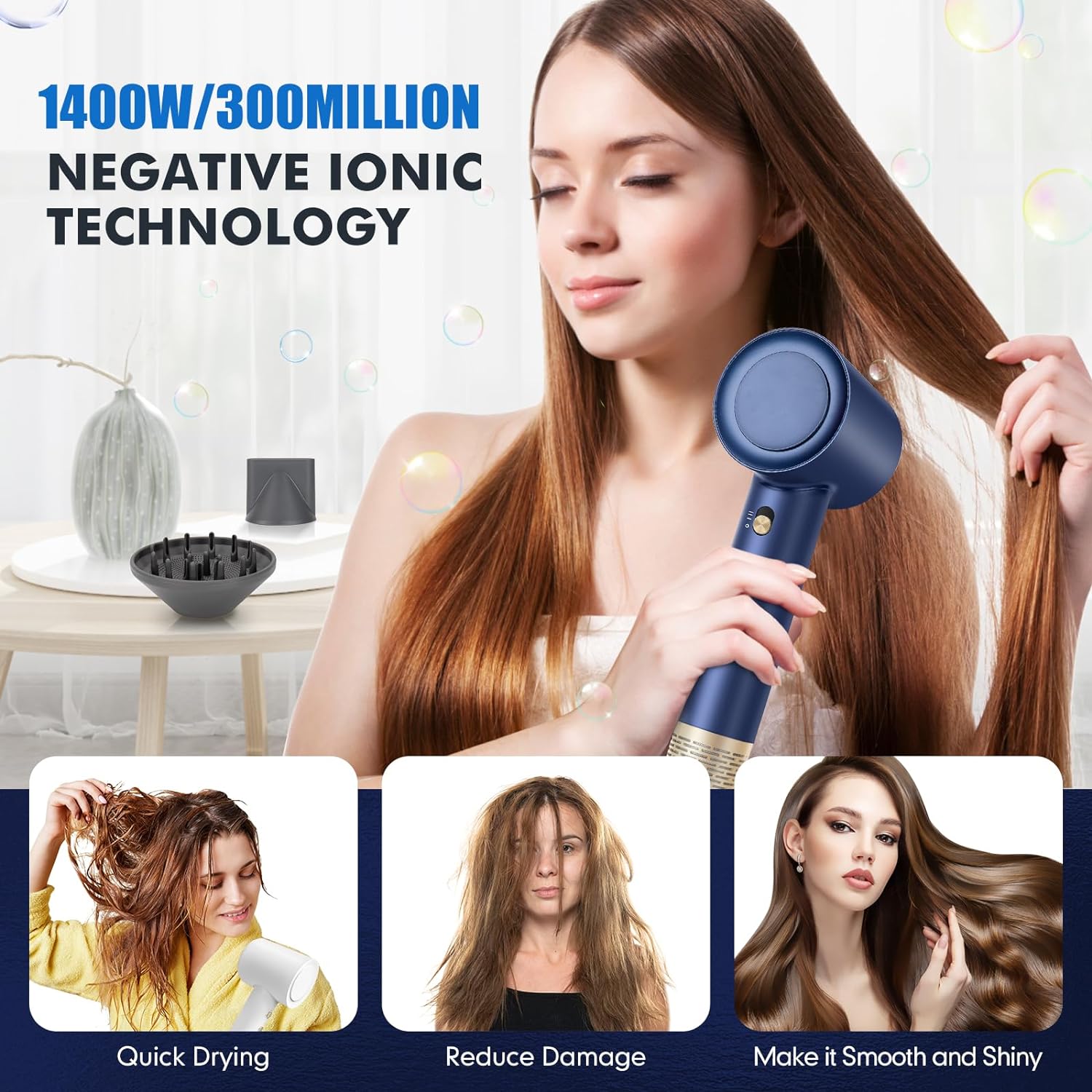 High Speed Ionic Hair Dryer with Diffuser 112,000 RPM Brushless Motor for Fast Drying Low Noise 4 Temperature and 2 Speed Settings 110V Professional Blow Dryer - Image 3