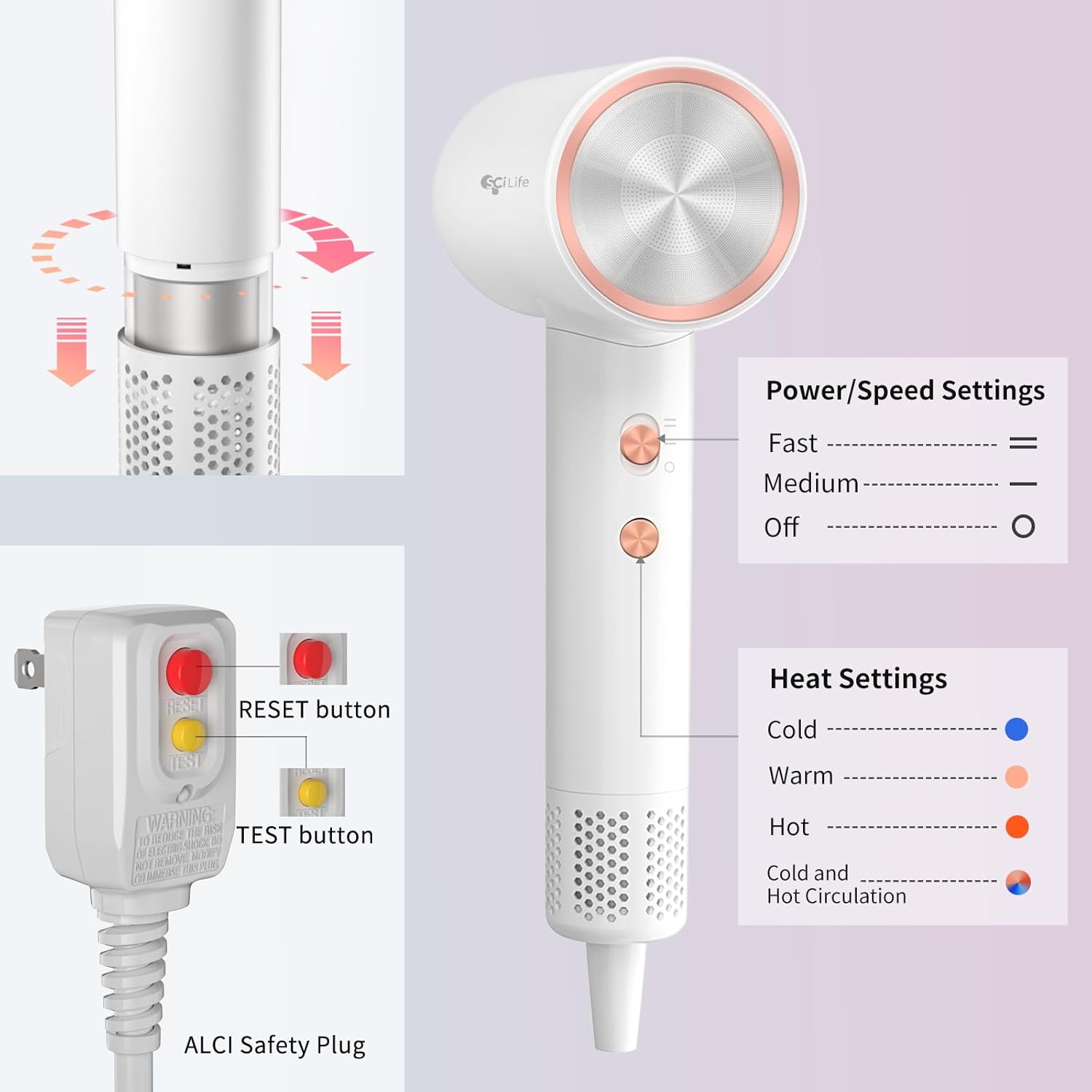 High Speed Ionic Hair Dryer with Wall Mount Holder Magnetic - Professional Blow Dryer 110,000 RPM Brushless Motor for Fast Drying, 1400W 4Temps /2Speeds Low Noise Thermo-Control Hairdryer - Image 6