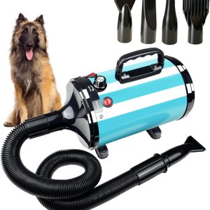 High Velocity Professional Dog Grooming Dryer,Adjustable Temperature and Speed Hair Dryer for Pets with 4 Nozzles