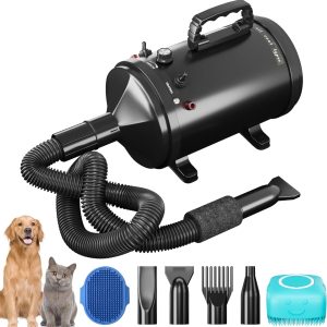 High Velocity Professional Pet Grooming Dryer with Adjustable Speed and Temperature, Dog Blow Dryer with 4 Nozzles, Pet Hair Dryer with Bonus Dog Bath Brush & Dog Shampoo Brush, Black