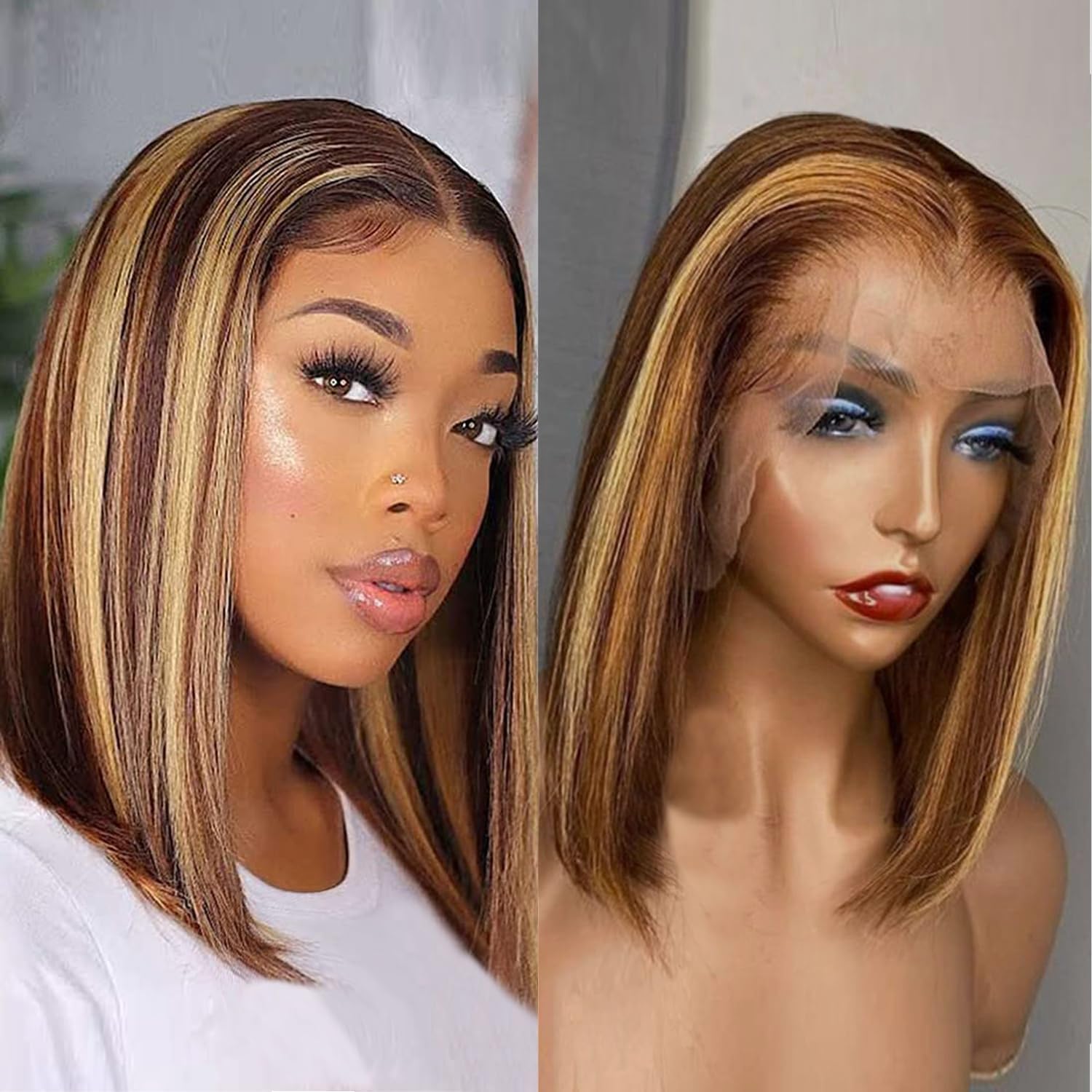 Highlight Lace Front Bob Wig Human Hair 14 Inch Ombre Honey Blonde 13x4 Hd Lace Front Wigs Human Hair Pre Plucked Middle Part 4/27 Colored Lace Frontal Wigs(14 Inch, 4/27 Highlight)