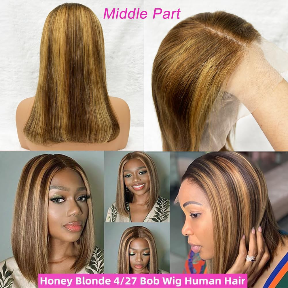 Highlight Lace Front Bob Wig Human Hair 14 Inch Ombre Honey Blonde 13x4 Hd Lace Front Wigs Human Hair Pre Plucked Middle Part 4/27 Colored Lace Frontal Wigs(14 Inch, 4/27 Highlight) - Image 5