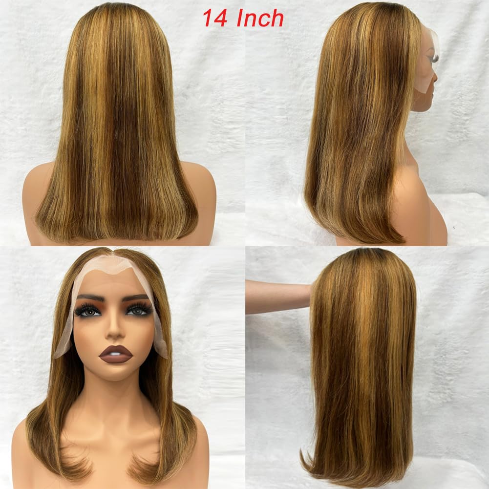 Highlight Lace Front Bob Wig Human Hair 14 Inch Ombre Honey Blonde 13x4 Hd Lace Front Wigs Human Hair Pre Plucked Middle Part 4/27 Colored Lace Frontal Wigs(14 Inch, 4/27 Highlight) - Image 3