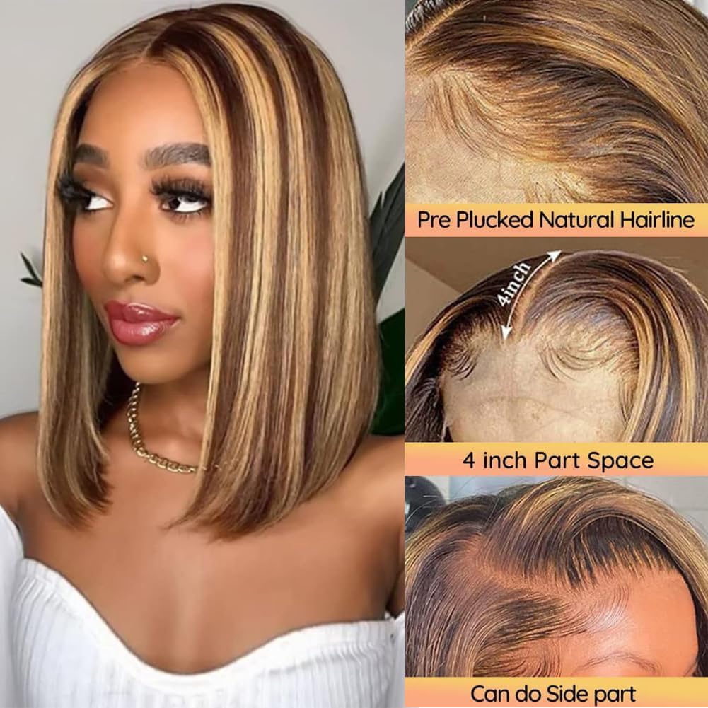 Highlight Lace Front Bob Wig Human Hair 14 Inch Ombre Honey Blonde 13x4 Hd Lace Front Wigs Human Hair Pre Plucked Middle Part 4/27 Colored Lace Frontal Wigs(14 Inch, 4/27 Highlight) - Image 2