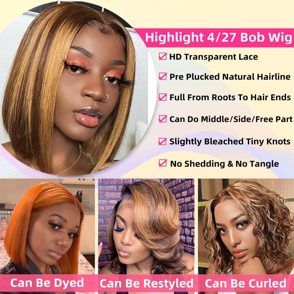 Highlight Lace Front Bob Wig Human Hair 14 Inch Ombre Honey Blonde 13x4 Hd Lace Front Wigs Human Hair Pre Plucked Middle Part 4/27 Colored Lace Frontal Wigs(14 Inch, 4/27 Highlight) - Image 4
