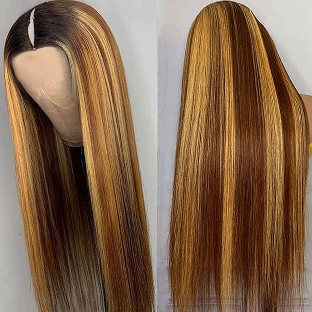 22 Inch #T1BP4/27 Highlight Ombre V Part Human Hair Wig Straight Balayage Blonde 180% Density - Image 3
