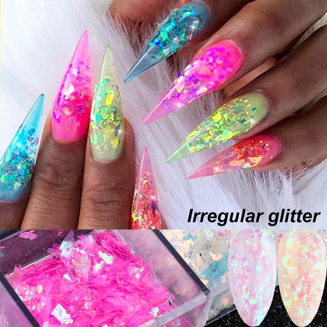 Holographic Nail Art Glitter Iridescent Flakes Nail Foil 12 Grids and Mermaid Flake Glitter Sequins 12 Grids,Colorful Fluorescent Glass Acrylic Nails Supplies Sticker for Make Up - Image 5
