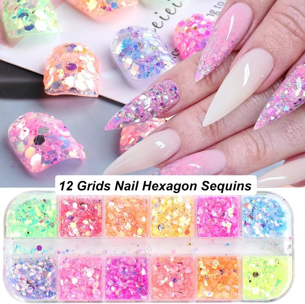 Holographic Nail Art Glitter Iridescent Flakes Nail Foil 12 Grids and Mermaid Flake Glitter Sequins 12 Grids,Colorful Fluorescent Glass Acrylic Nails Supplies Sticker for Make Up - Image 4