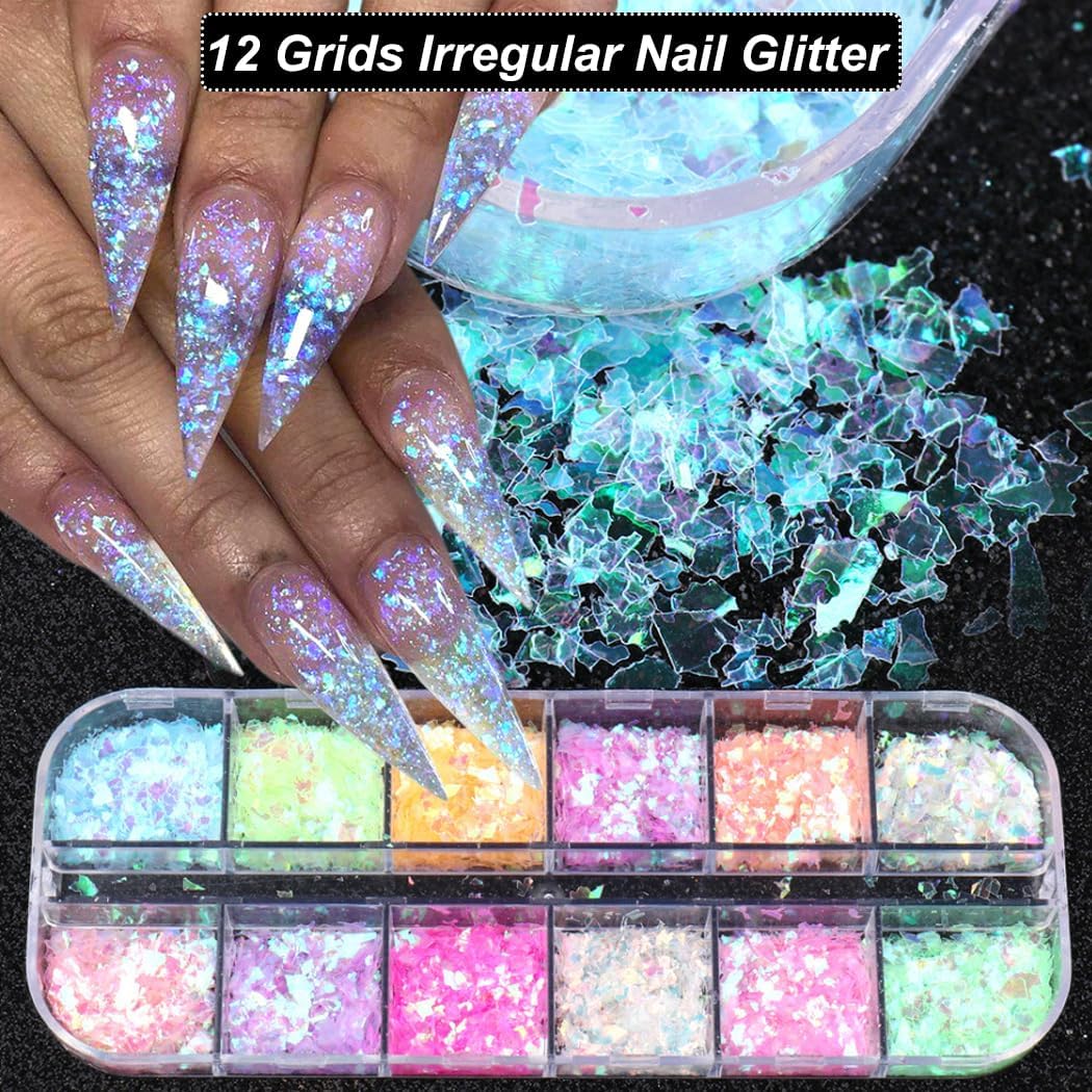Holographic Nail Art Glitter Iridescent Flakes Nail Foil 12 Grids and Mermaid Flake Glitter Sequins 12 Grids,Colorful Fluorescent Glass Acrylic Nails Supplies Sticker for Make Up - Image 3
