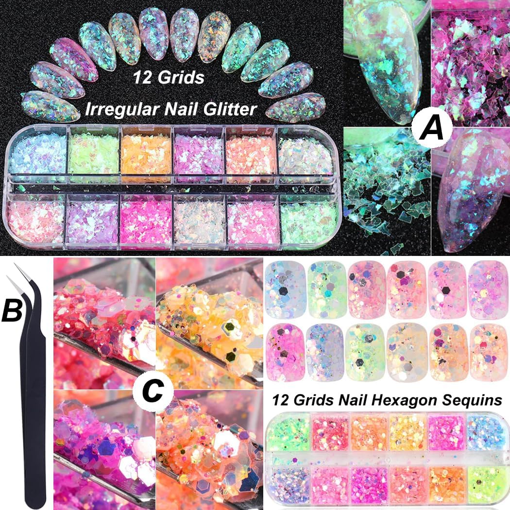 Holographic Nail Art Glitter Iridescent Flakes Nail Foil 12 Grids and Mermaid Flake Glitter Sequins 12 Grids,Colorful Fluorescent Glass Acrylic Nails Supplies Sticker for Make Up - Image 2