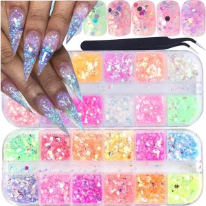 Holographic Nail Art Glitter Iridescent Flakes Nail Foil 12 Grids and Mermaid Flake Glitter Sequins 12 Grids,Colorful Fluorescent Glass Acrylic Nails Supplies Sticker for Make Up