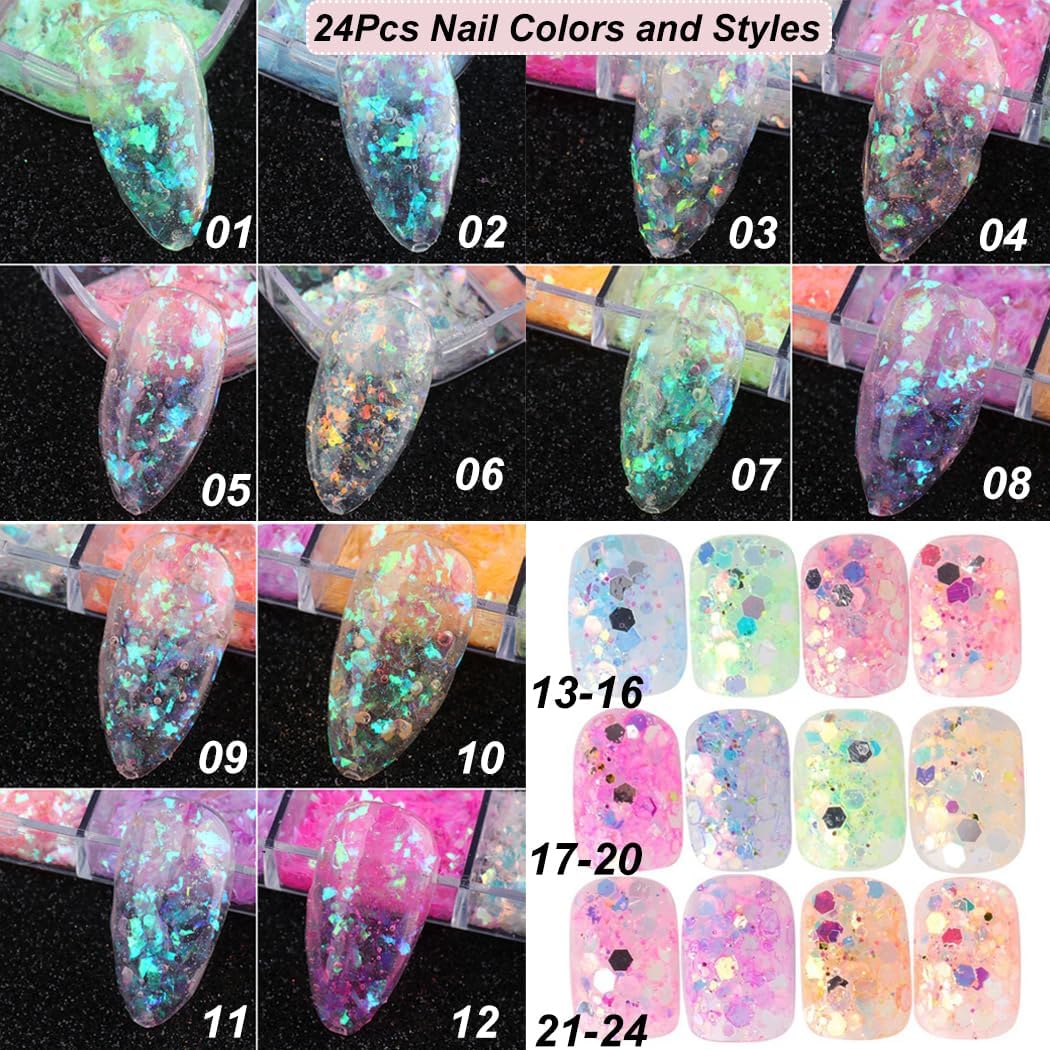 Holographic Nail Art Glitter Iridescent Flakes Nail Foil 12 Grids and Mermaid Flake Glitter Sequins 12 Grids,Colorful Fluorescent Glass Acrylic Nails Supplies Sticker for Make Up - Image 7