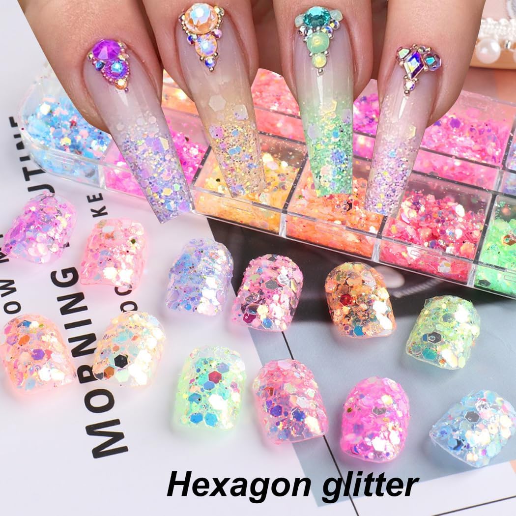 Holographic Nail Art Glitter Iridescent Flakes Nail Foil 12 Grids and Mermaid Flake Glitter Sequins 12 Grids,Colorful Fluorescent Glass Acrylic Nails Supplies Sticker for Make Up - Image 6