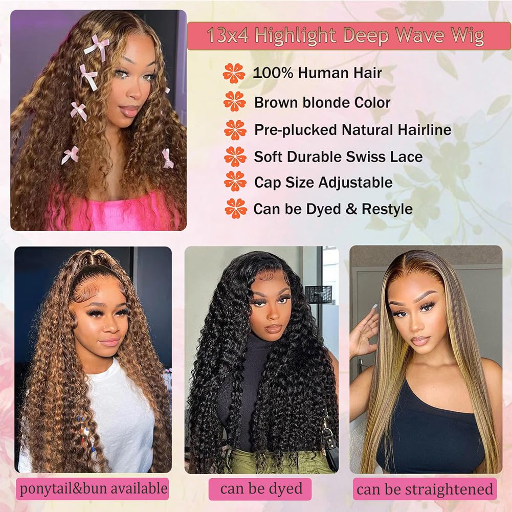 Honey Blonde 13x4 Deep Wave Lace Front Wigs Human Hair Pre Plucked with Baby Hair 4/27 Highlight Glueless HD Transparent Lace Frontal Wigs for Black Women 180 Density (18 Inch) - Image 3