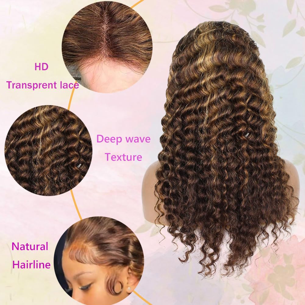 Honey Blonde 13x4 Deep Wave Lace Front Wigs Human Hair Pre Plucked with Baby Hair 4/27 Highlight Glueless HD Transparent Lace Frontal Wigs for Black Women 180 Density (18 Inch) - Image 2