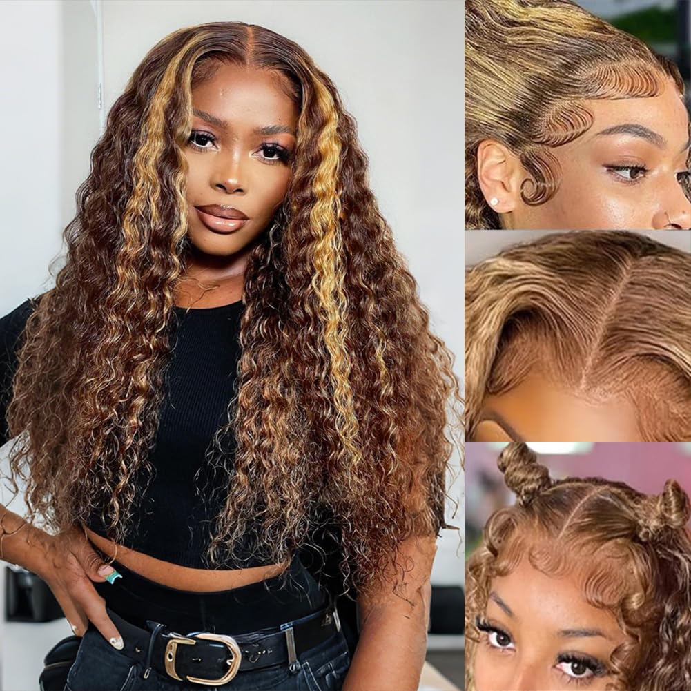 Honey Blonde 13x4 Deep Wave Lace Front Wigs Human Hair Pre Plucked with Baby Hair 4/27 Highlight Glueless HD Transparent Lace Frontal Wigs for Black Women 180 Density (18 Inch)