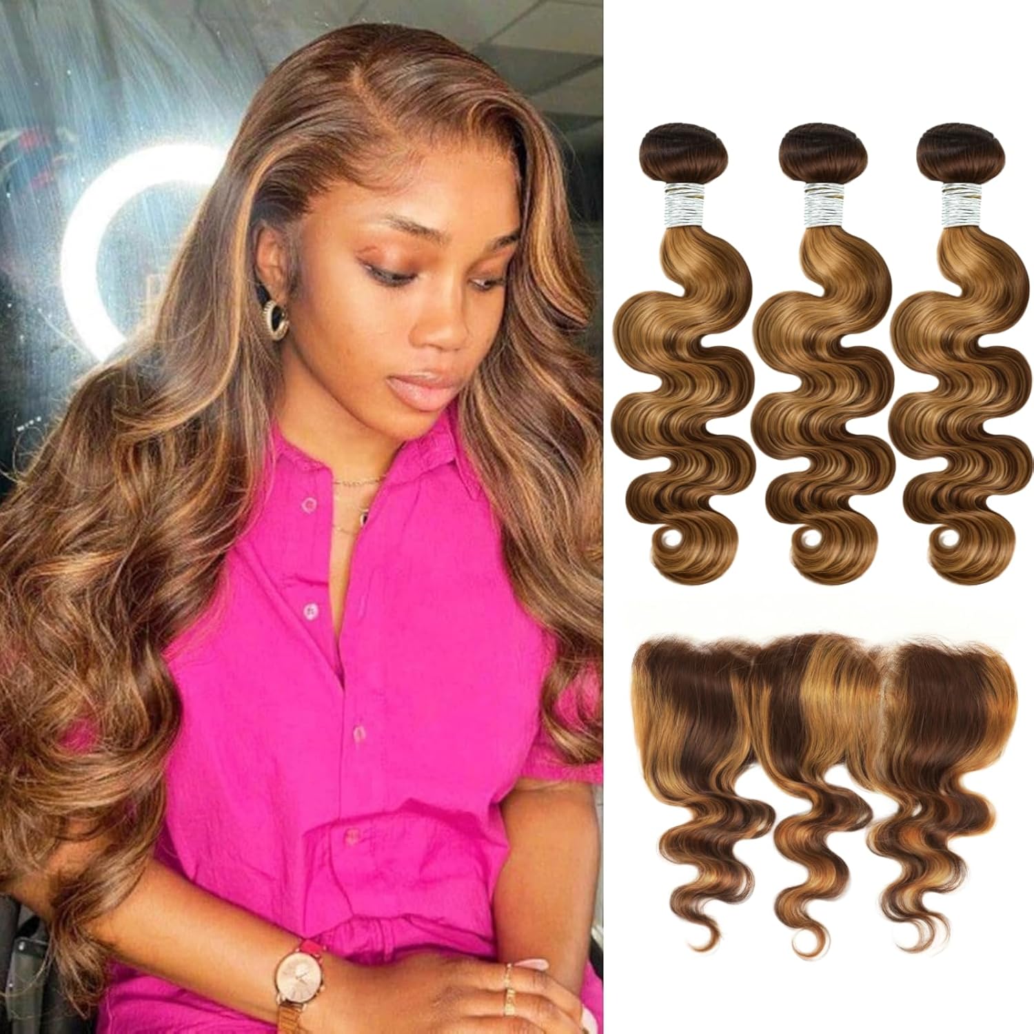 Honey Blonde Highlight Body Wave 3 Bundles with Frontal Closure (24 26 28+20), 100% Virgin Brazilian 4/27 Ombre Brown Human Hair Bundles with 13x4 Ear to Ear Transparent Lace Frontal Soft Remy