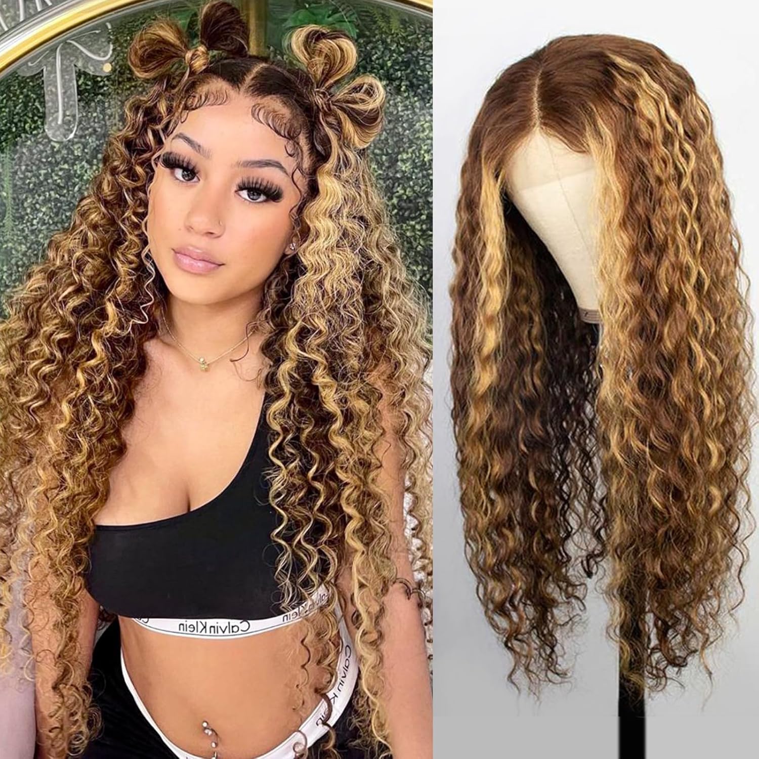 Honey Blonde Water Wave Lace Front Wigs Human Hair 4/27 Highlight 13x6 HD Lace Front Wigs Ombre Human Hair Wet and Wavy Deep Wave Glueless Lace Frontal Wigs Pre Plucked 200% Density 26 inch